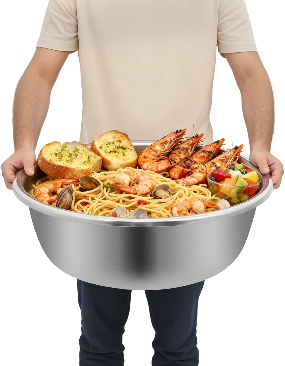 4 Pcs Stainless Steel Mixing Bowls, Polished Mirror Finish Metal Bowls with Flat Base, Extra Large Basin Salad Basin for Home & Commercial