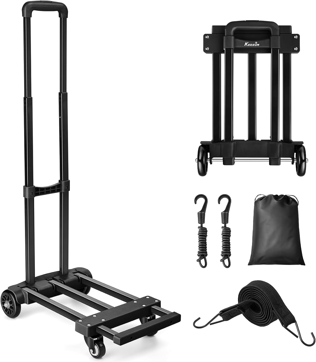KEDSUM Foldable Luggage Cart, 290lbs Dolly Cart with Wheels, Folding Hand Truck with Expandable Baseplate, Portable Luggage Dolly 4 Wheels for Travel, Moving, Office Use, Easy to Store Black 4-wheels