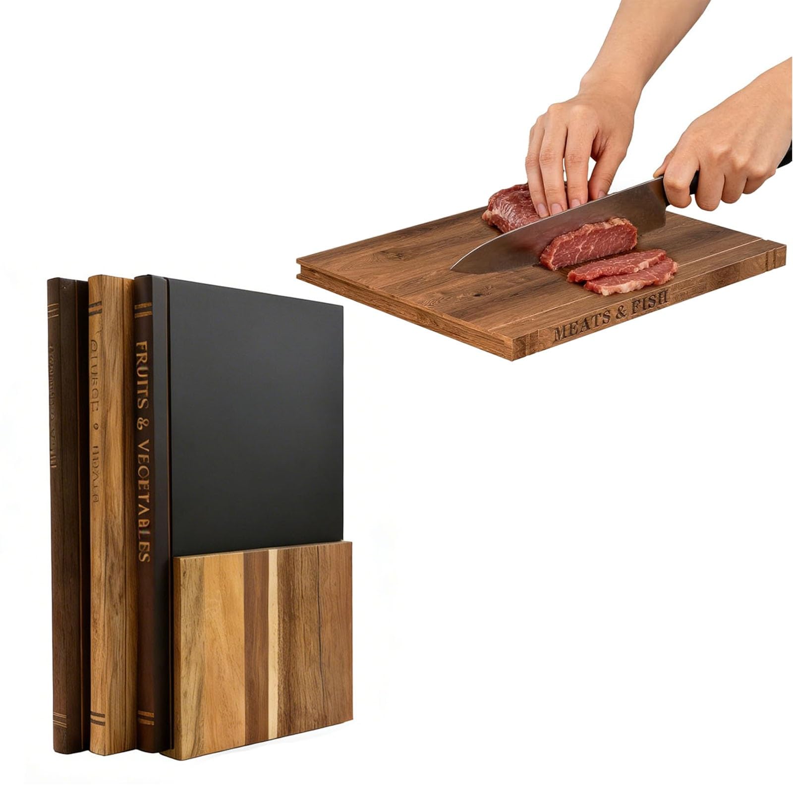 Set da 3 taglieri in bambù a forma di libro con supporto in legno, 2 cm, leggeri, lavastoviglie
