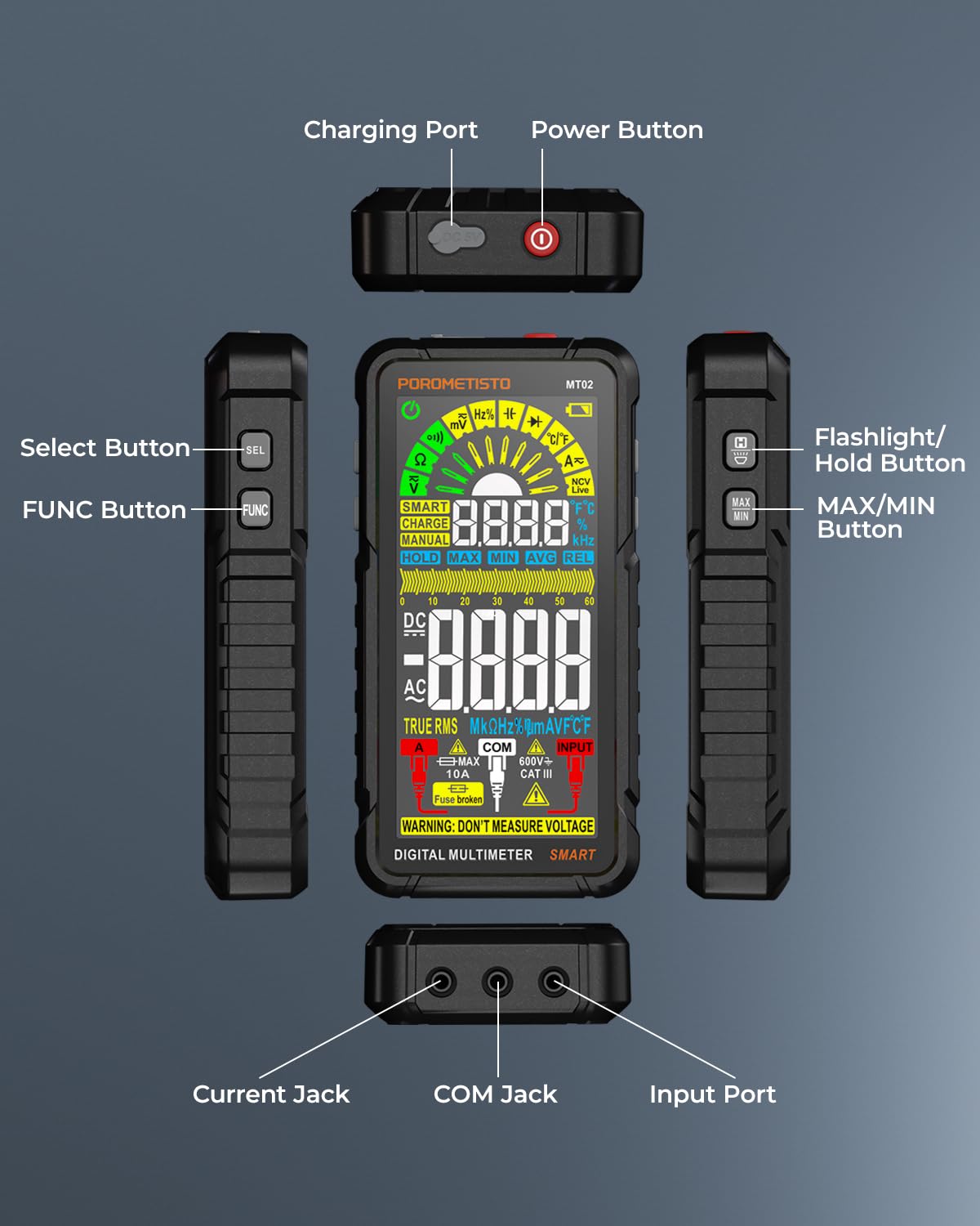 Contents of the POROMETISTO MT02 Multimeter package including the multimeter, user manual, storage case, charging cable, and test leads.