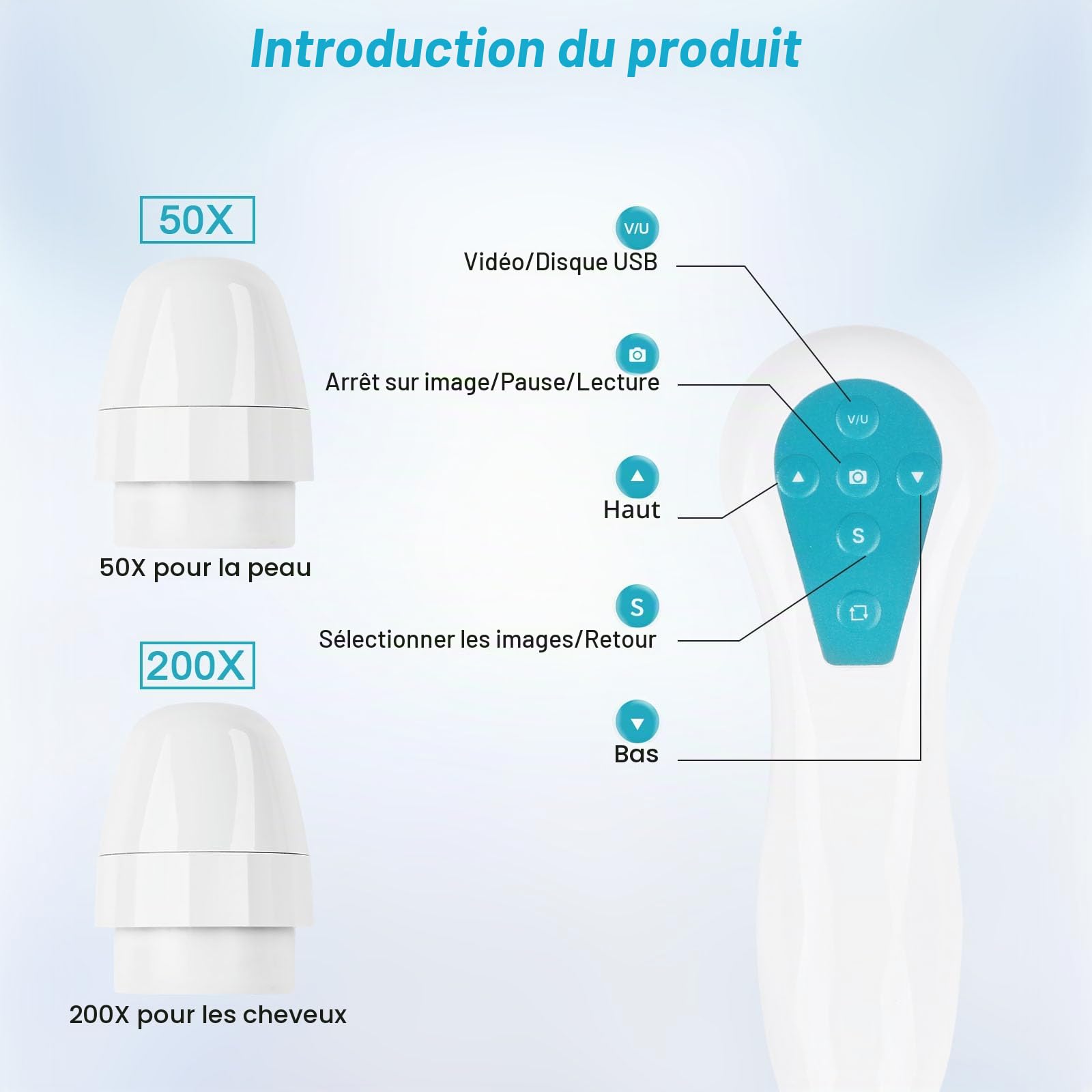 Analyseur de cheveux de peau, 30,5 cm LCD numérique pour analyse du cuir chevelu, 50 x 200 x, portable, rechargeable, huile de follicule pileux, détecteur d'humidité, testeur de pigment de peau