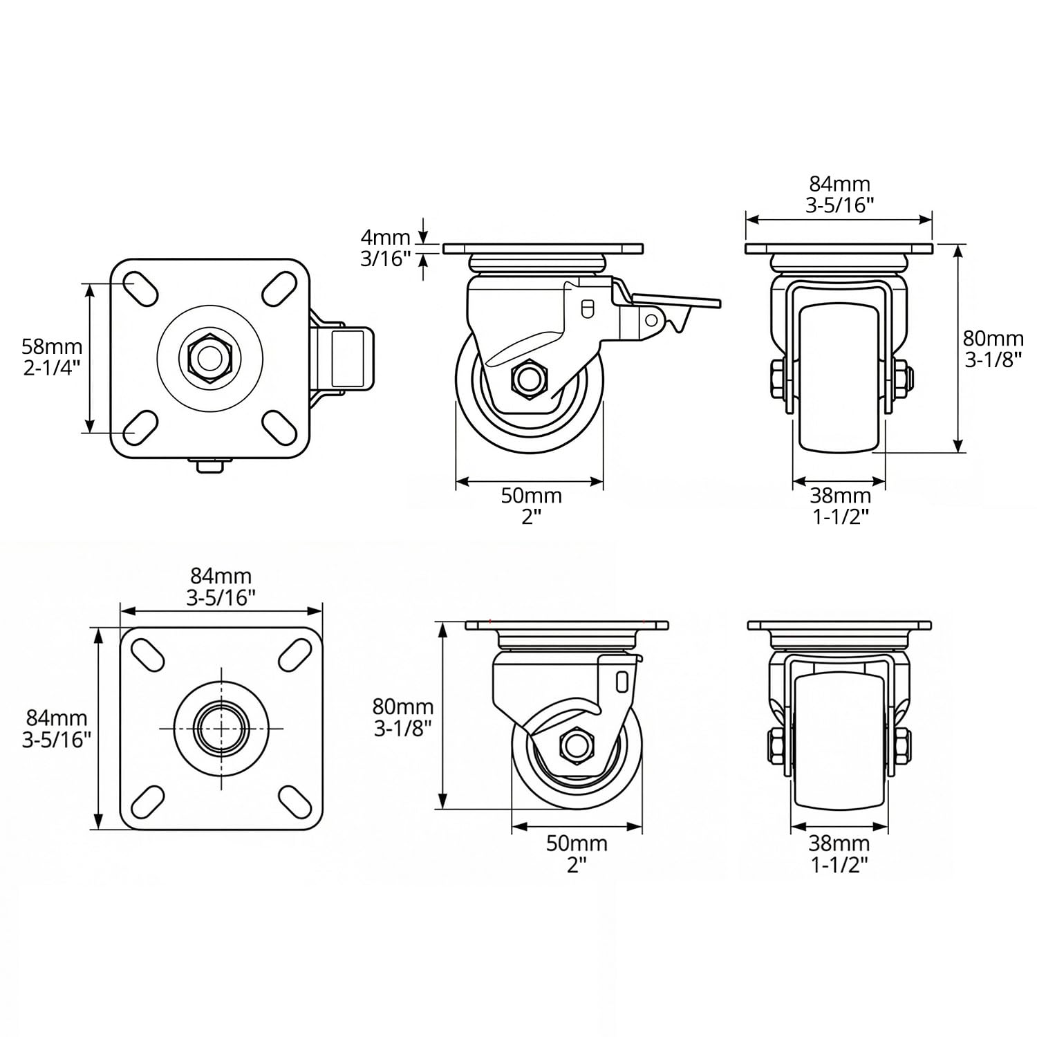 QWORK® Set di 4 Ruote Girevoli Carichi Pesanti 50mm con Freno, Capacità 500KG, Silenziosa e Antivibrazione - Rotelle per Mobili, Carrello, Workshop