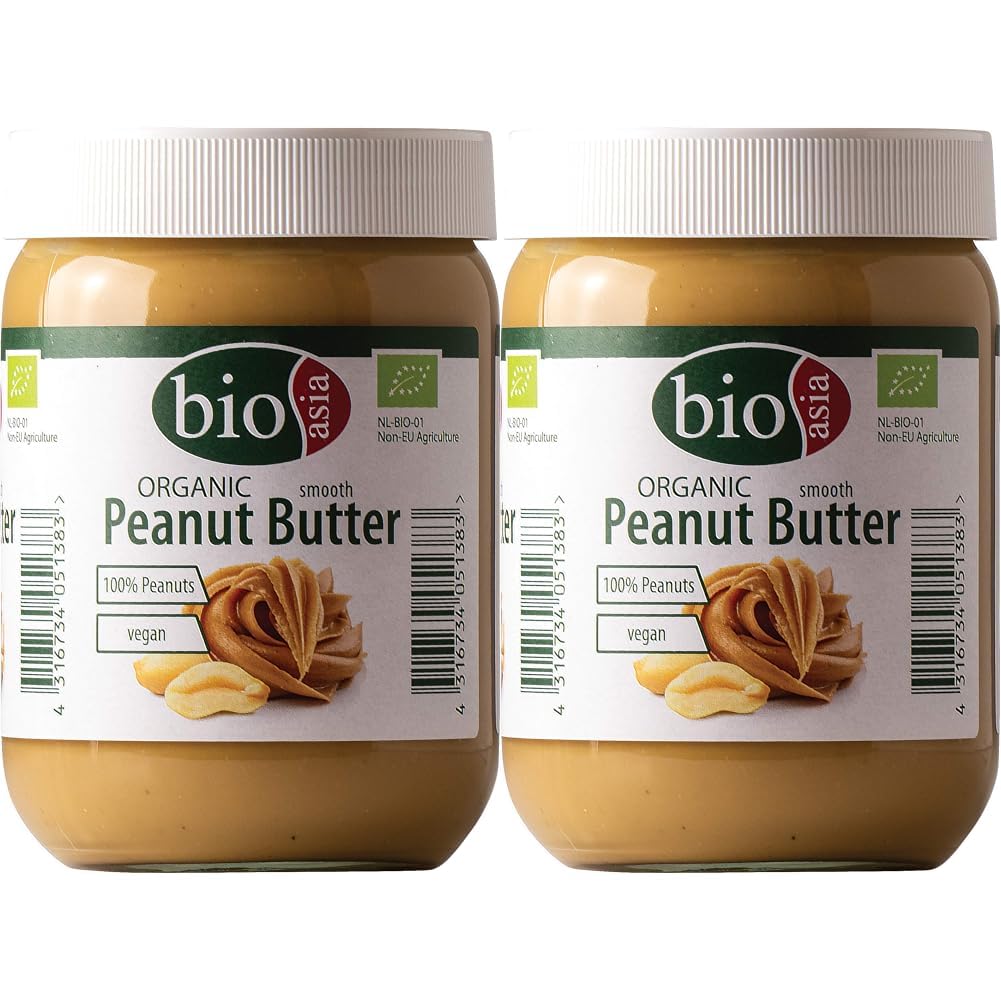 Bioasia Bio Erdnussbutter – Peanut Butter - aus 100% gerösteten Erdnusskernen, cremig, ohne Zusätze, im Glas, vegan und glutenfrei (1 x 500 g) (Packung mit 2)
