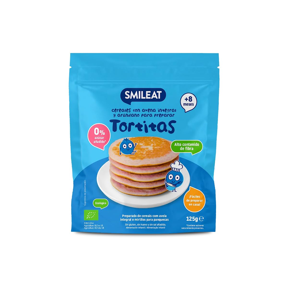 Smileat - Preparado para Tortitas de Avena Integral y Arándano - Con Vitamina B1 - Sin Azúcar Añadido - Fáciles de Hacer - Para Peques a Partir de 8 Meses - 125g