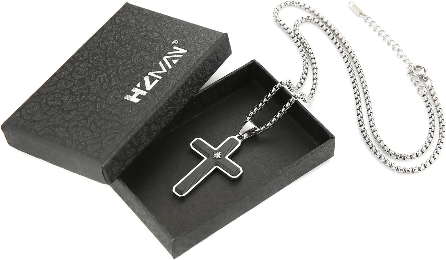 HZMAN Carbon Fiber Cross Necklace for Men Stainless Steel Christian Crucifix Pendant Includes Necklace 22+2" Box Chain - Image 6