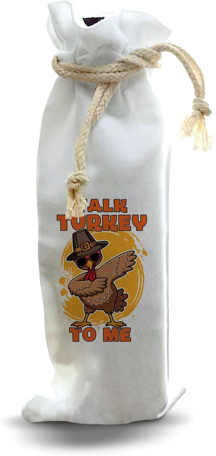 Jolitee Reusable Canvas Wine Bottle Gift Bag – “Talk Turkey To Me” – Funny Thanksgiving Host Wine Gift