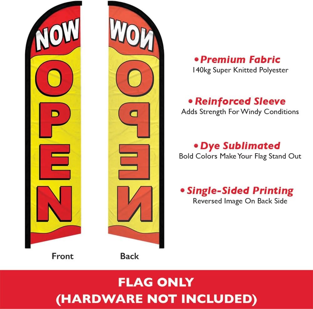 Infinity Republic - Now Open Red & Yellow Windless Full Sleeve Banner Swooper Flag - Perfect for Businesses, Restaurants, Cafes, New Stores, etc!