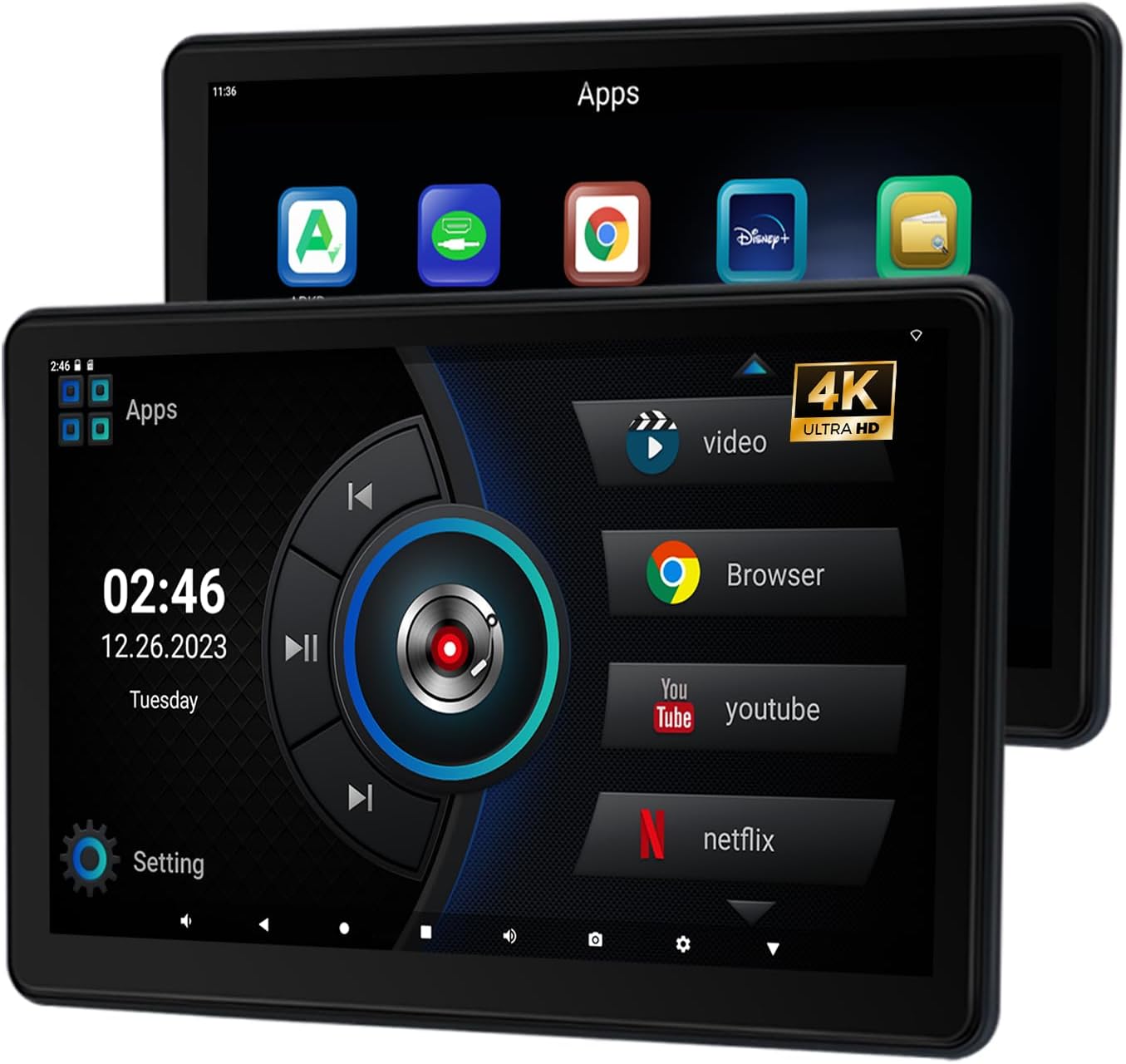 11.6" Car TV Headrest Monitor for Back Seat, 4K Android Tablet Portable Rear Entertainment System, Support Phone Wireless MirrorLink, with WiFi/HDMI/USB/Video Player, 2G+32G (2*PCS)