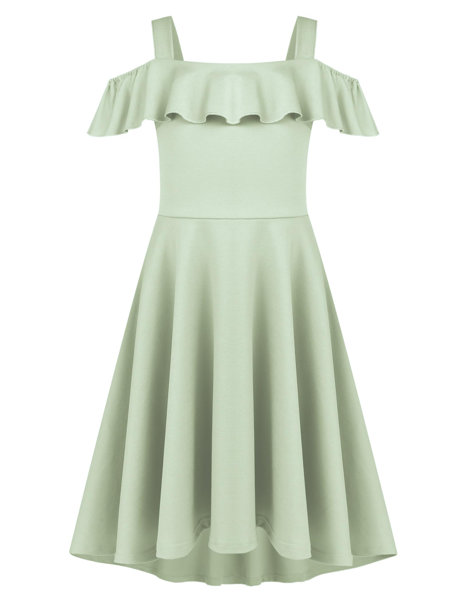 Arshiner Mädchen Sommer Kleid Schulterfrei Kinderkleid Rüschen Ärmel Elegante Eckiger Ausschnitt Trägerkleid Kinder A Line Swingkleid High Low Kleid Lässig Kleider mit Tasche 4-13 Jahre