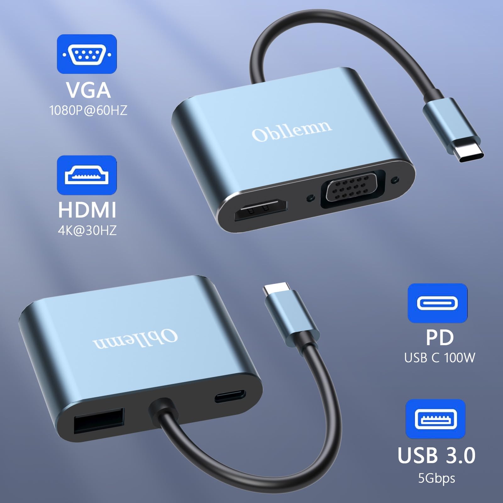 Adaptateur USB C vers VGA Hub 4 en 1 Type C HDMI 4K 30Hz USB 3.0 PD100W pour MacBook Pro Air Chromebook Dell XPS