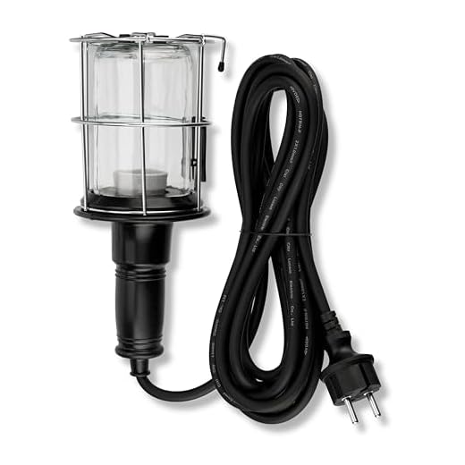 REV Handlampe - Werkstattlampe mit Metall-Schutzkorb & Schutzglas, Baulampe E27 (ohne Leuchtmittel), 5m Kabel, silber