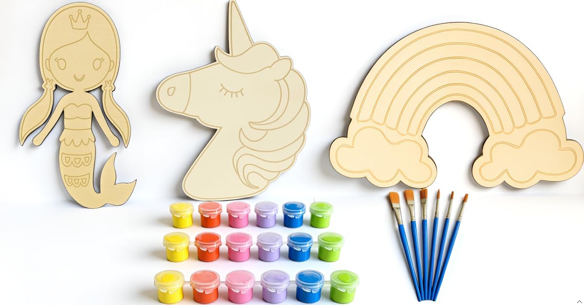 Lily + Oliver Unicorn, Mermaid & Rainbow Wood Cutout Painting Kit | 12 Inch DIY Wooden Craft Activity | Complete Set with 3 Shapes, 18 Paint Colors & 6 Brushes