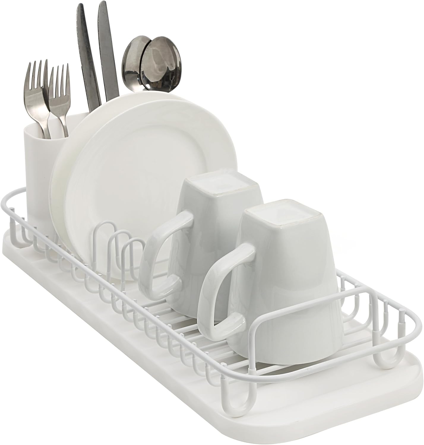 SunnyPoint 304 Stainless Steel NeverRust Compact Dish Drying Rack with Utensil Holder & Removable Drain Tray, Rustproof Small Dish Rack for Kitchen Countertop or Over Sink – White