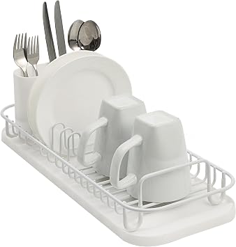 SunnyPoint 304 Stainless Steel NeverRust Compact Dish Drying Rack with Utensil Holder & Removable Drain Tray, Rustproof Small Dish Rack for Kitchen Countertop or Over Sink White
