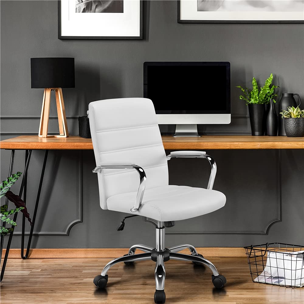 Yaheetech Silla Escritorio Giratoria de Oficina Silla Ergonomica Escritorio con Respaldo Tapizado Asiento Sintético Altura Ajustable Blanco