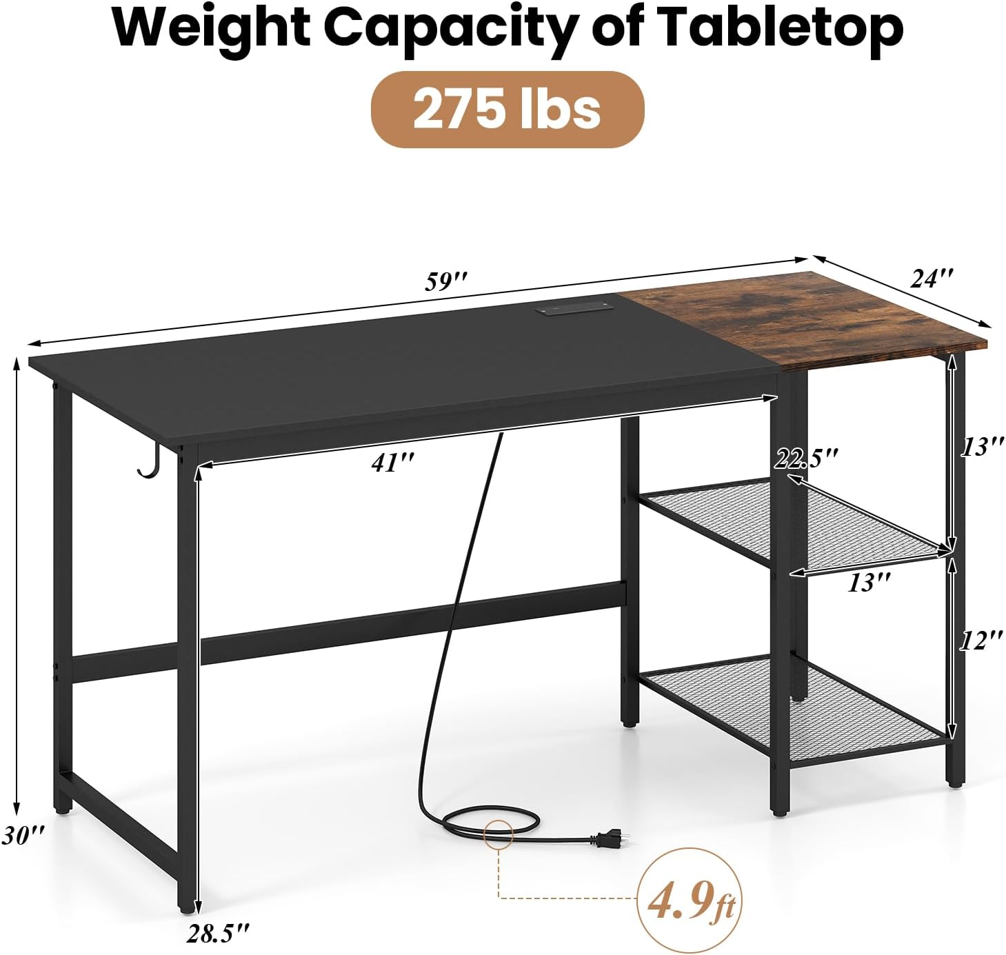 Computer Desk, 59’’ Gaming Desk w/Storage Shelves & Power Outlet, Wood Office Table w/Steel Frame & Adjustable Feet, Large Writing Desk for Bedroom, Study, Home Office (Black, 59''W)