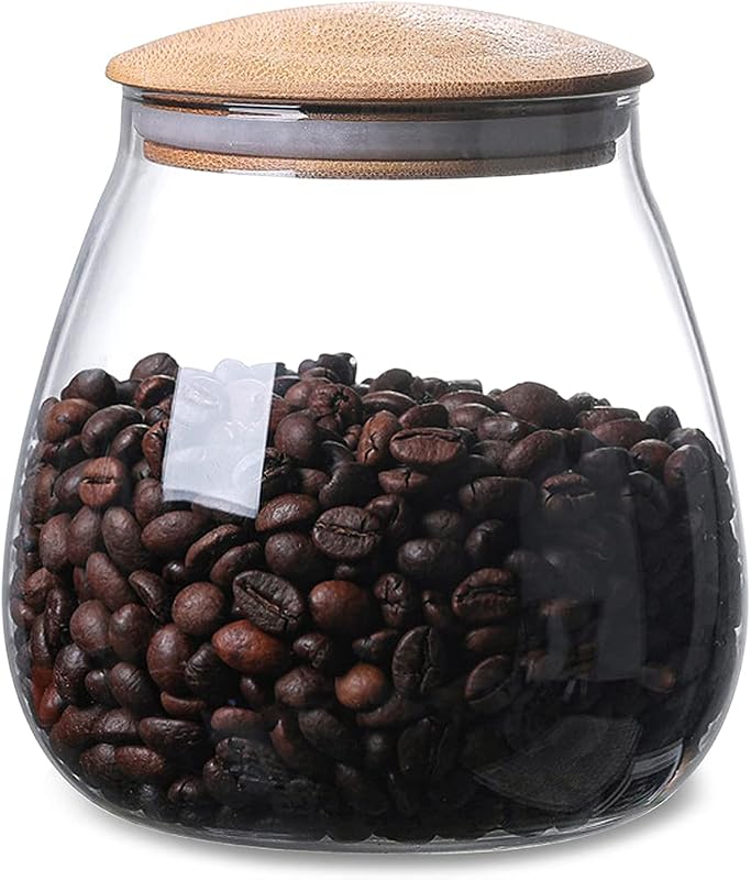 Recipiente de almacenamiento de vidrio transparente de 400 ML/13 FL OZ con tapa hermética de bambú, recipiente pequeño decorativo moderno redondo para café, especias, dulces, sal, galletas, condimentos, pimienta, azúcar