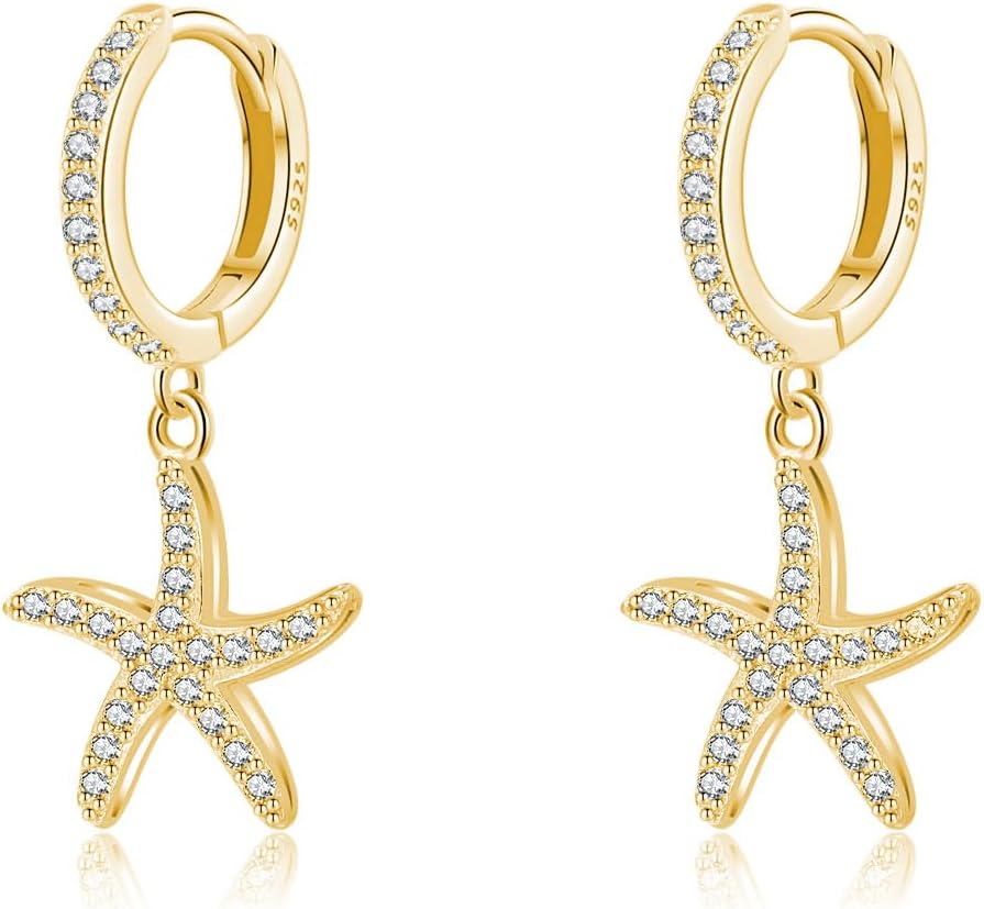 SLUYNZ 925 Sterling Silver CZ Starfish Hoop Earrings for Women Teens Starfish Huggie Earrings Drop for Beach