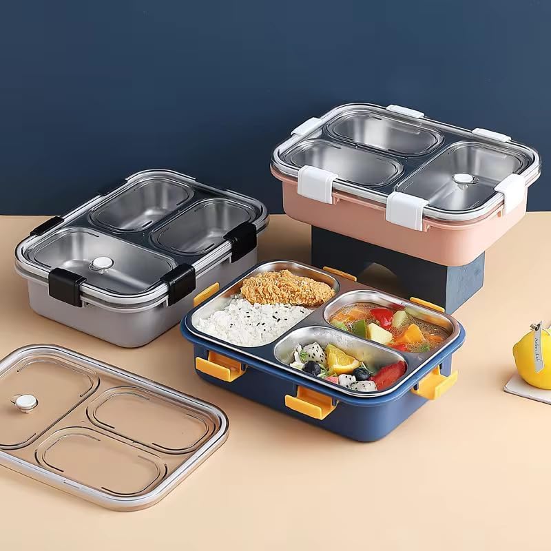 Image of 3 Compartment Transparent Stainless Steel Lunch Box with Spoon and a Pair of Chopsticks | Meal Separation Design Leakproof Airtight BPA-Free Tiffin Box for Office, School & Travel (1 Set)