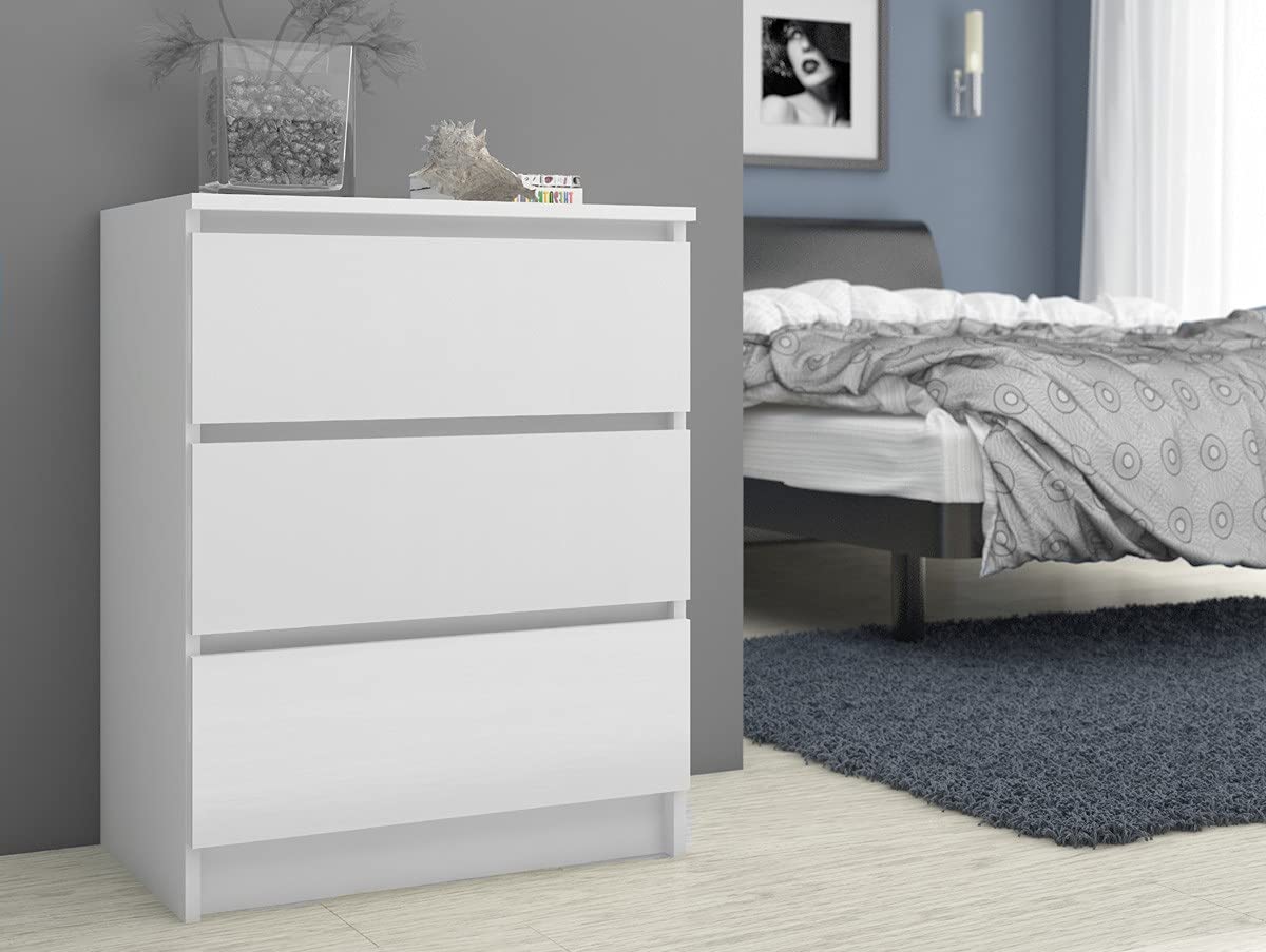 AKORD Cómoda K60 con 3 cajones | Credenza Alta | Mueble Moderno para Sala de Estar, Comedor, Dormitorio, Entrada, baño | Armario Infantil | 60x77x40 cm 25 kg | Blanco
