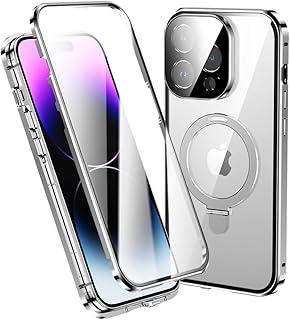MagSafe対応 iPhone15 ケース 全面カバー リング付き スタンド機能 一体型レンズ保護 マグネット式 アイフォン15 カバー 両面ケース アルミバンパー 強化ガラス 透明 クリア,銀
