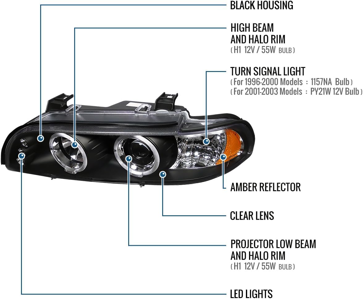 Ronnin - Fits 1996-2003 BMW E39 530i 528i 525i Upgraded Replacement LED Dual Rims Halogen Projector Headlights Assembly Pair | Black