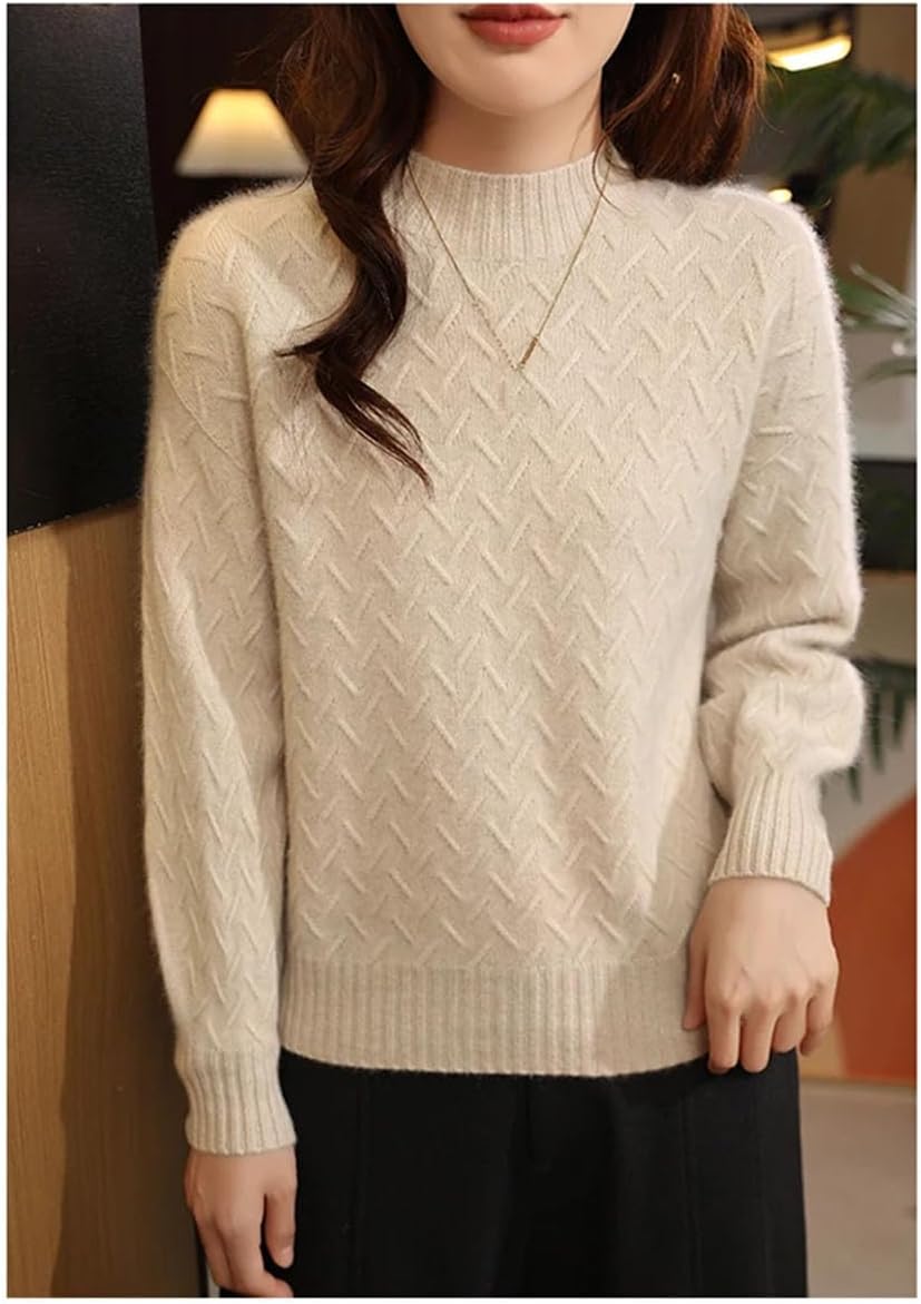 Women's 100% Wool Sweaters Turtleneck Lantern Sleeve Cable Knit Pullover Winter Basic Comfortable Thermal Tops