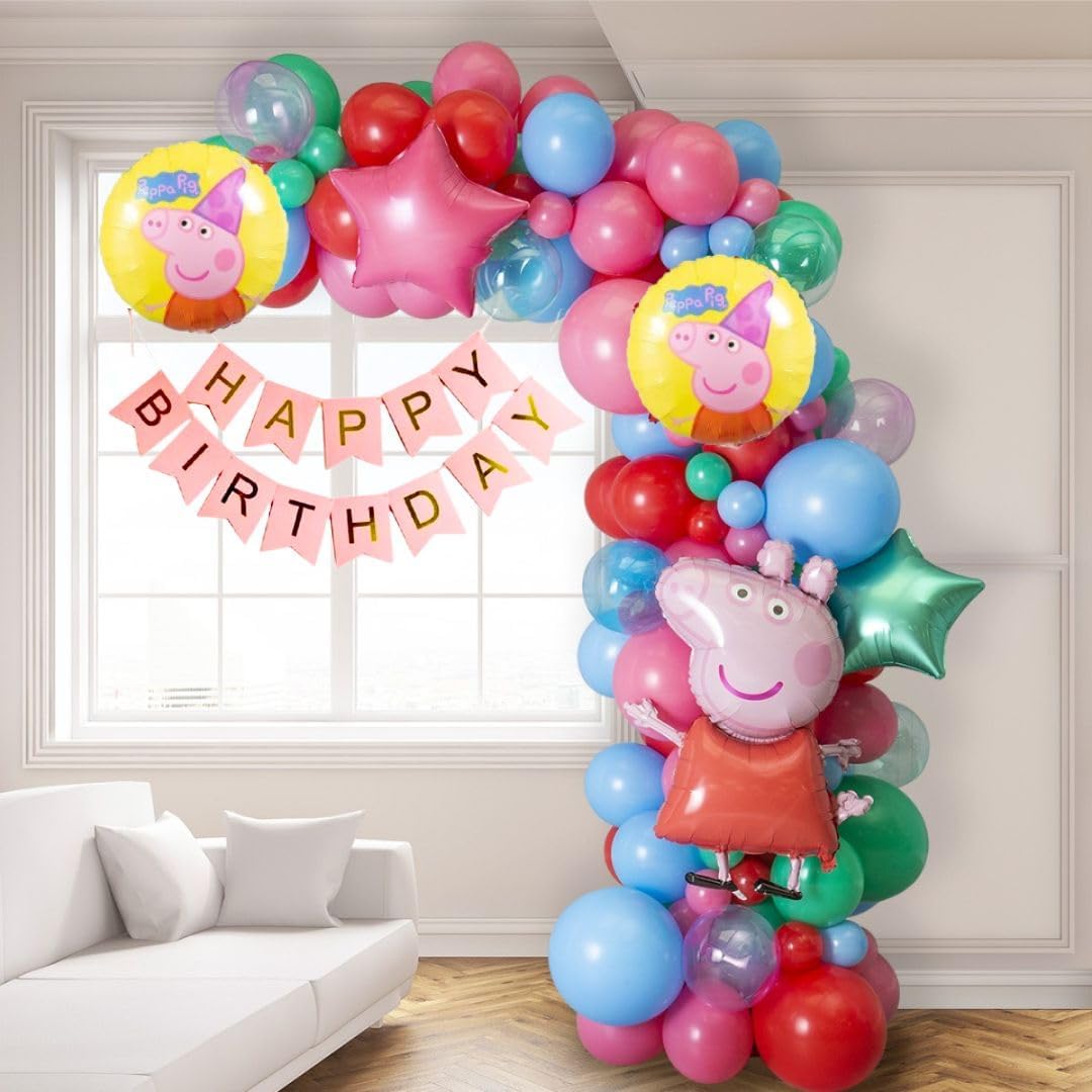 Party Town Peppa pig theme balloon decoration combo for kids, boys and girls for 1st, 2nd, 3rd, 4th, 5th birthday party with Pastel balloon garland arch kit(Pack of 58) (Peppa pig)(Aluminium)