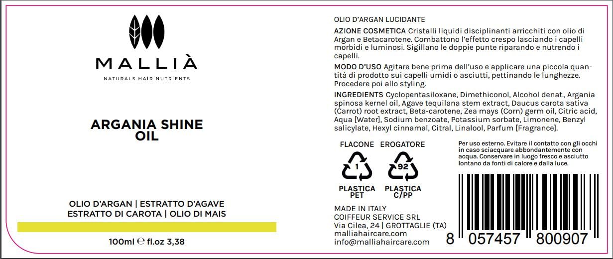 Mallià Argania Shine Oil Arganöl für Haare, flüssige Kristalle gegen Frizz, Politur und Versiegelung mit Doppelspitzen, 100 ml