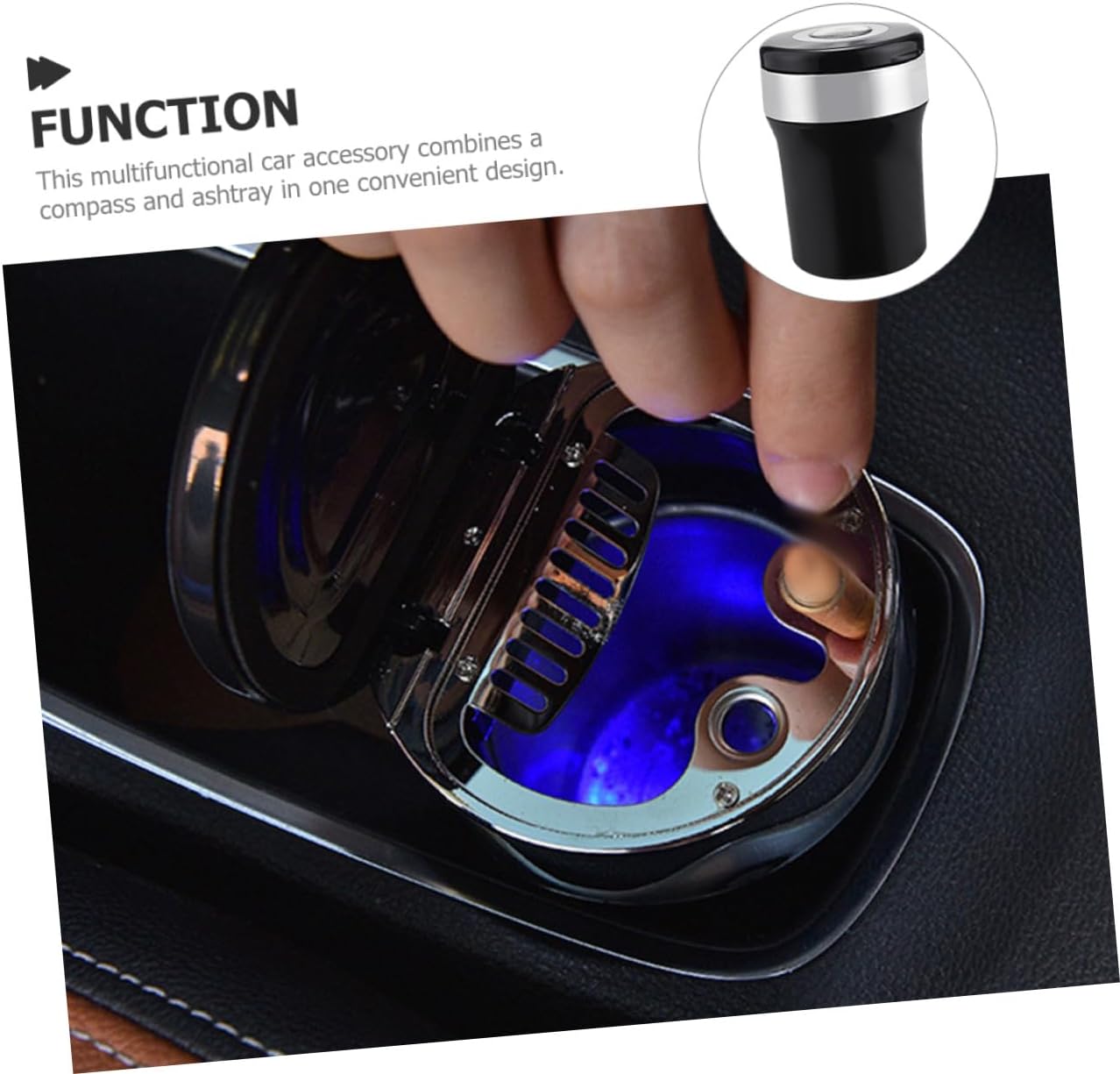NUOBESTY Car Ashtray LED Ash Holder with Lid Metal Smokeless Cigarette Butt Container for Vehicle Interior and Home Use, Portable Lighted Ashtray with Silver and Black Finish
