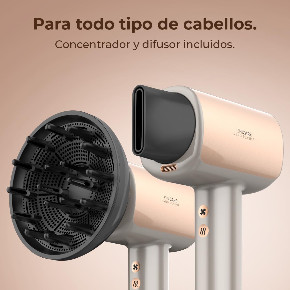 Cecotec Secador de Pelo Brushless de Última Generación DryGlam Nano Plasma Champagne. Potencia de 110,000 RPM y 1600W, Función de Plasma, Gran Flujo de Aire, Duradero, 3 Temperaturas y 3 Velocidades