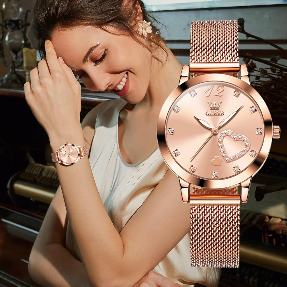 OLEVS Damenuhr Roségold Herz Diamant Schwarz Weiß Quarz wasserdicht Armreif Armband Set