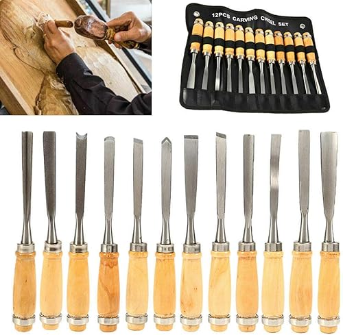 Juego de 12 piezas profesional de tallado de madera afilado cincel de mano herramientas de bricolaje de 8 pulgadas, gubias de carpintería para