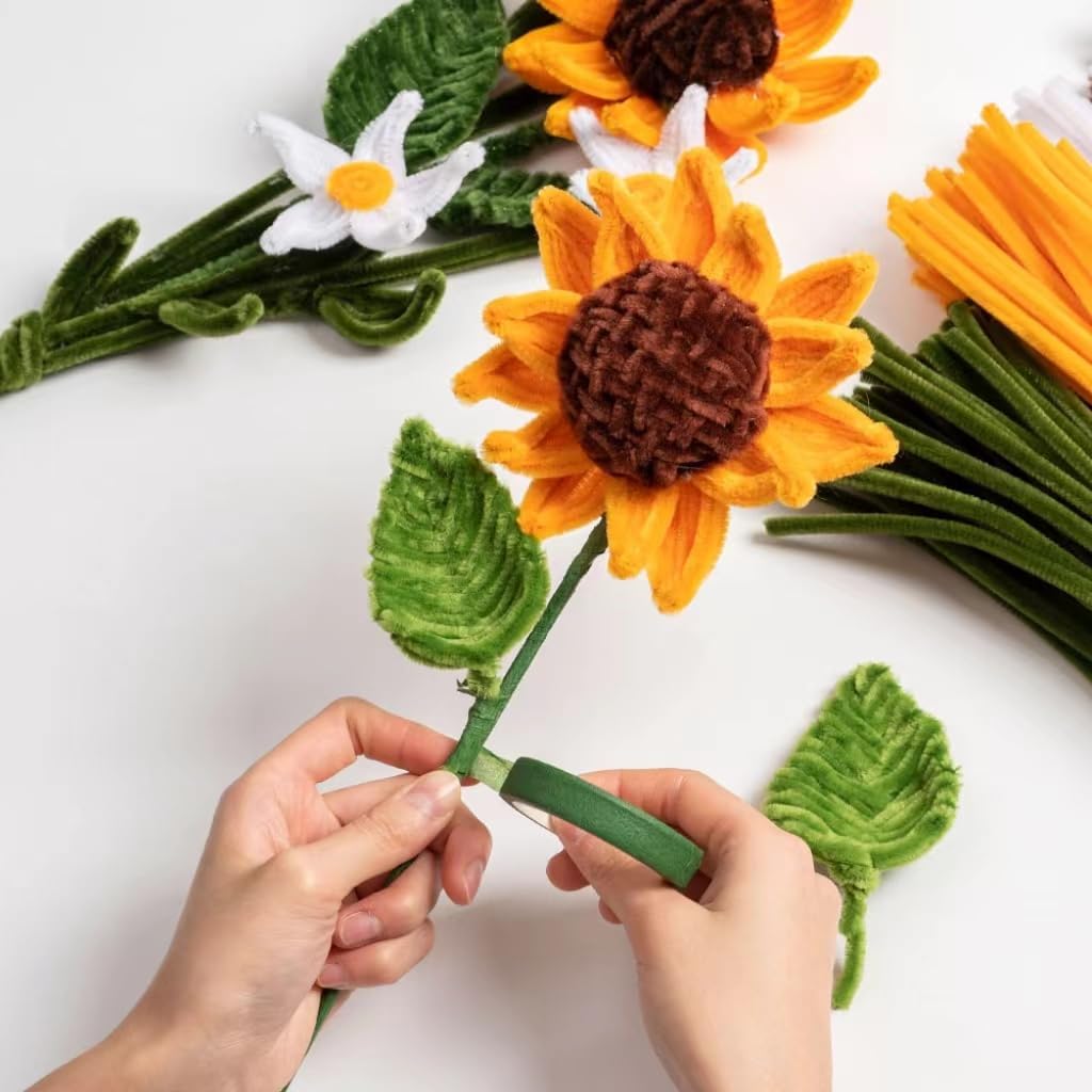 Sunflower Pipe Cleaner Kit with 150 Pcs Pipe Cleaners Colourful in 4 Colours(Brown,Dark Yellow,White,Green),8 Pcs Green Floral Wire,Floral Tape,Flower Wrapping Paper and Ribbon