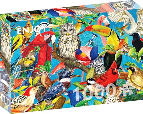Puzzle 1000 pièces pour Adultes - Collage d'oiseaux : Hibou, Toucan, Perroquet, Cardinal | Finition Mate antireflet | Puzzle Amusant et exigeant | 68 x 48 cm | Cadeau Original | Enjoy