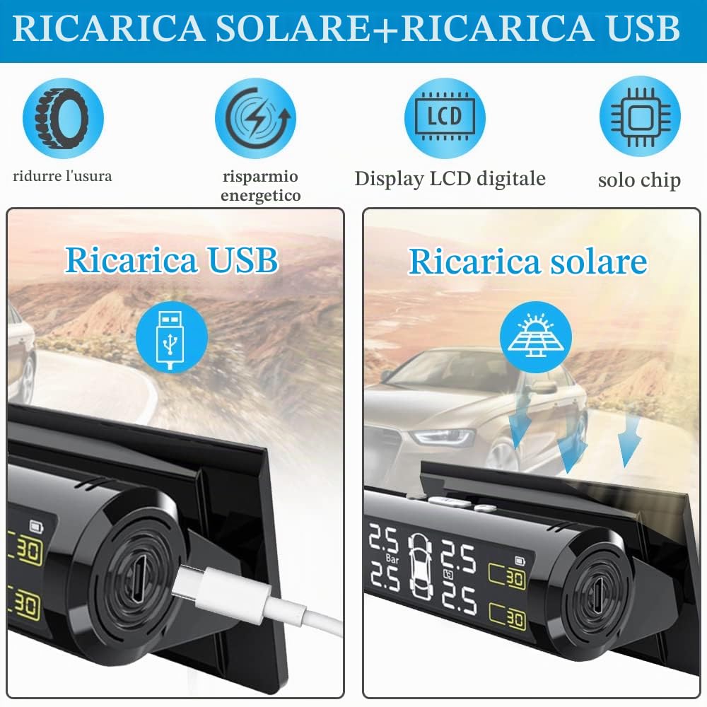 Sistemi di monitoraggio del sensore di Pressione dei Pneumatici con Display LCD TPMS Rilevatore di Pressione in Tempo Reale Universale per Auto con valvola Esterna
