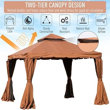 Brown 10' X 10' Patio Gazebo, Outdoor Shelter with Vented Roof, Netting and Curtains, for Garden,Backyard
