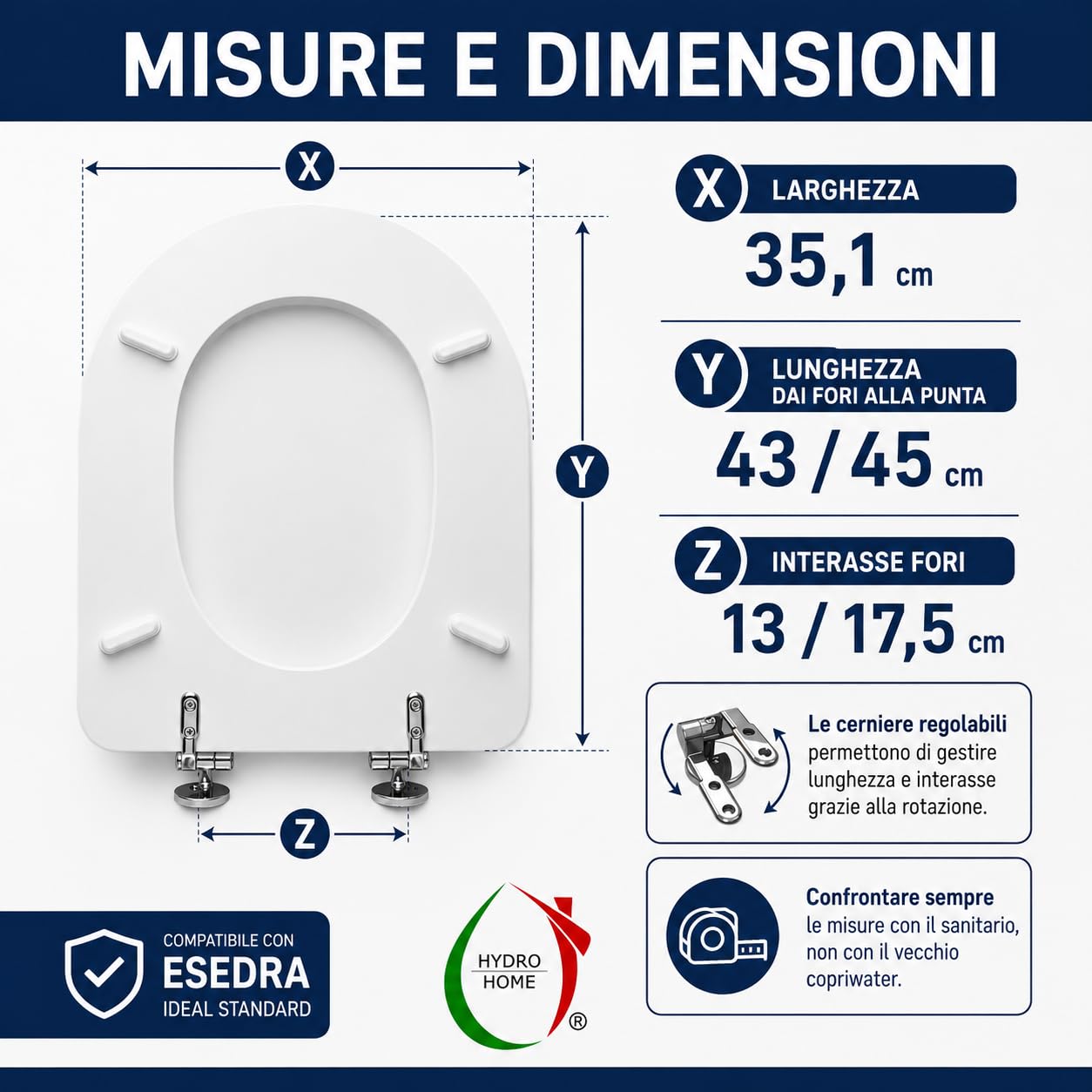Hydro Home Copriwater Esedra Ideal Standard Compatibile, Sedile WC in MDF Verniciato Bianco, Tavoletta WC con Cerniere in Metallo, Fissaggio dall’Alto