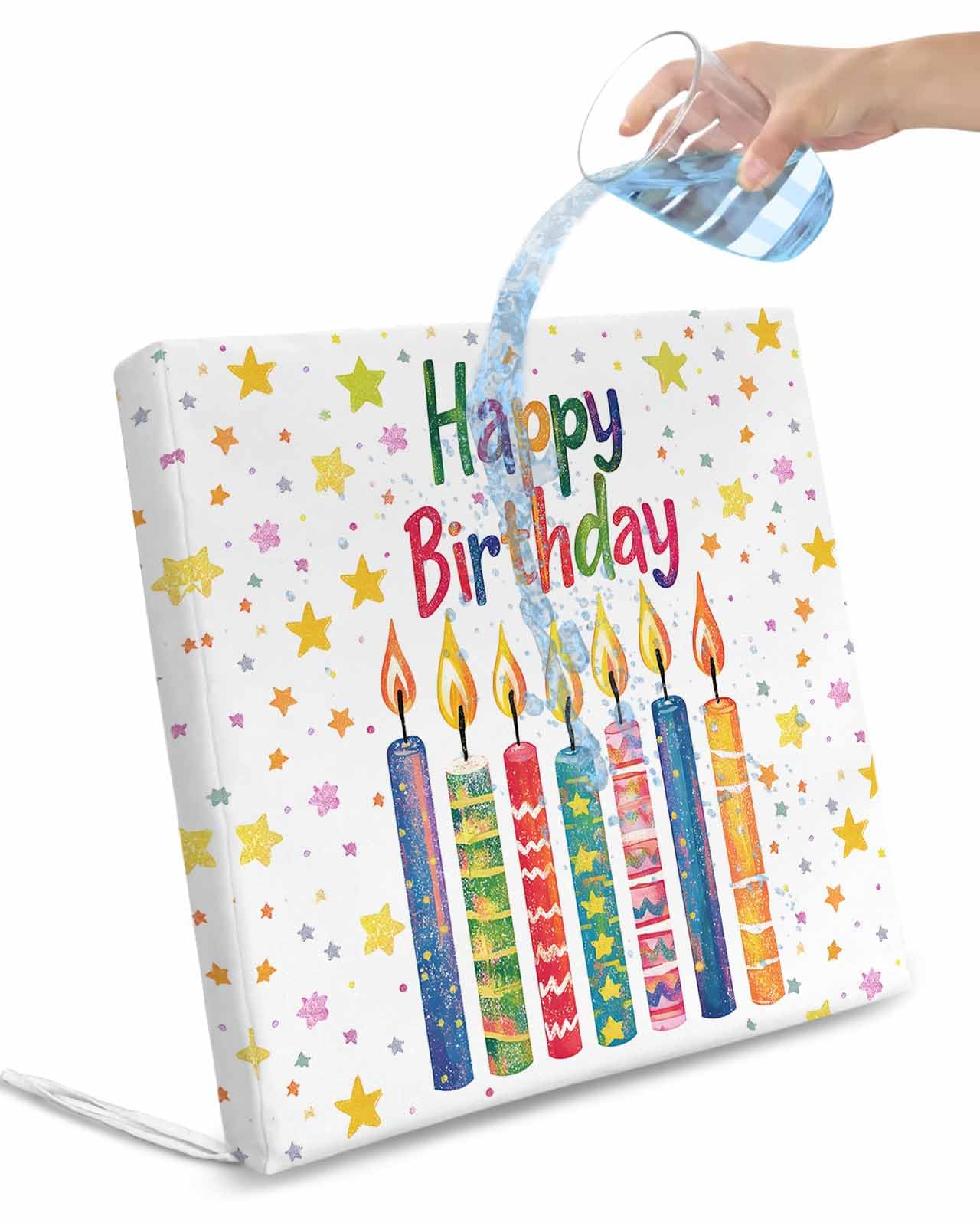 2 Pack Happy Birthday Waterproof Cushion Covers with Ties, Outdoor Patio Chaise Lounge Chair Seat Cushion Slip Covers Replacement(Only Cover) Colorful Star Funny Celebration 24