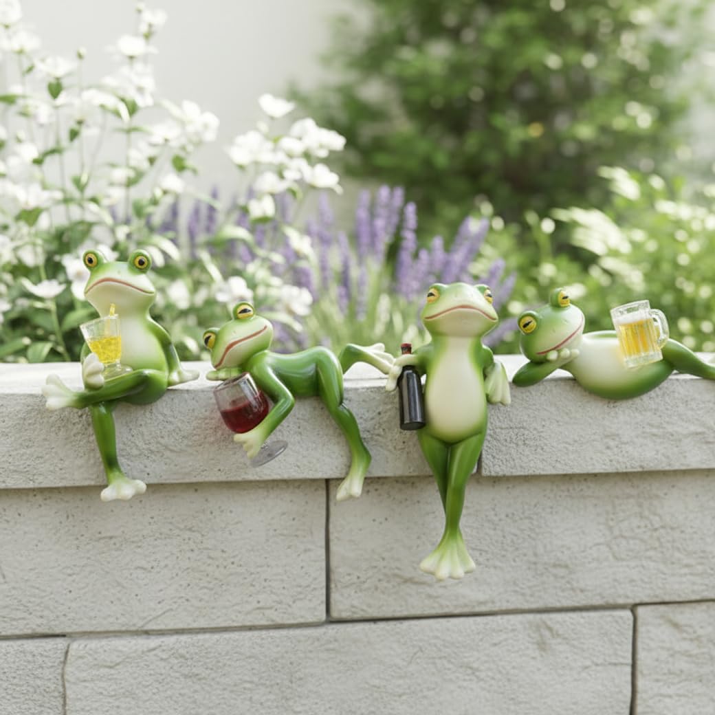 Comebachome Green Set Of 4 Pot Hugger, Cheerful Resin Frog Figurine With Drinks For Plant Decor, Garden & Indoor Frog Decorations, Décor Intérieur Pour La Maison