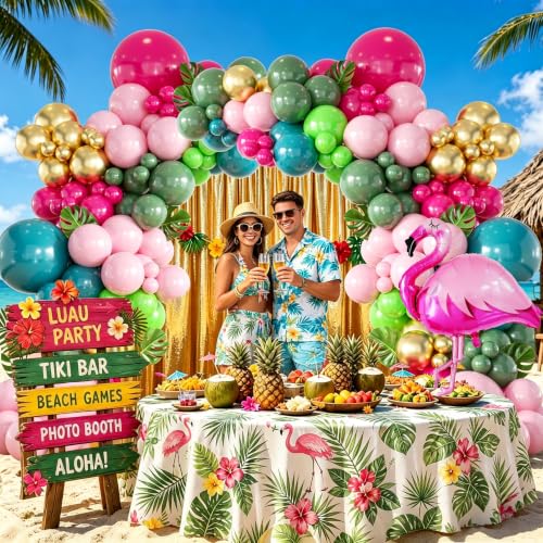Image of 146Pcs Tropical Flamingo Balloon Arch Garland Kit, Hot Pink Dark Green Light Pink Lake Blue Gold with Flamingo Foil Balloons for Hawaiian Luau Aloha Summer Beach Birthday Party Decorations