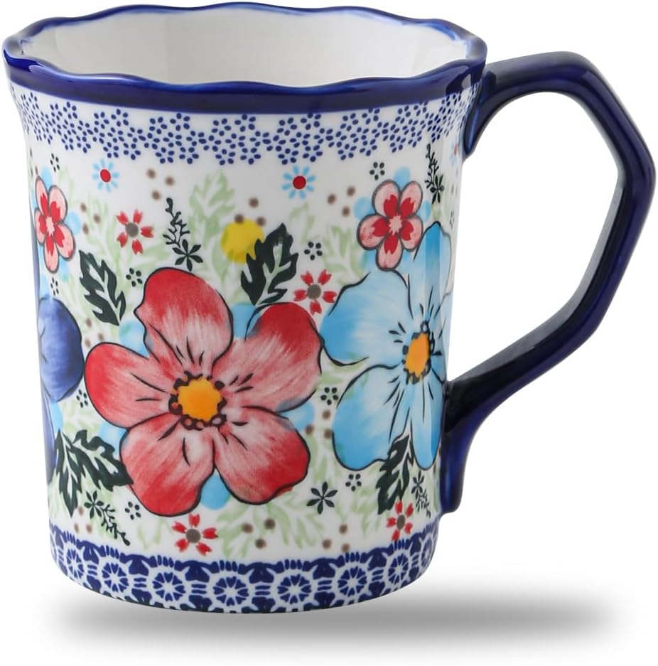 Handmade Ceramic Coffee Mug 13 oz Large Polish Pottery Cup For Coffee, Tea Cappuccino, Americano, Latte, Dishwasher Microwave Safe Day Gift for Moms, Girls, Ladies Housewarming Present