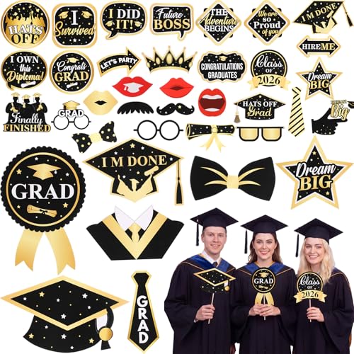 Gejoy 60 Pcs Photo Booth Props DIY Kit Funny Selfie Props Accessories for Grad Wedding Prom Party Supplies Favors with Mustache on a Stick, Hats, Glasses, Mouth, Bowler, Bowties(Stylish)