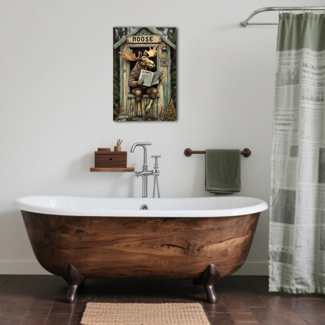BJYCHG Moose Bathroom Wall Decor Rustic Moose In Outhouse Toilet Reading Newspaper Canvas Prints Forest Wildlife Picture Farmhouse Cabin Decor Framed (Brown, 20L x 16W)