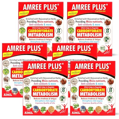 Image of AIMIL Amree Plus Capsules - 20 Capsules | Ayurvedic Nutrient Supplement for Carbohydrate and Lipid Support | Natural Herbal Formula with Gudmar & Karela to Help Manage Tiredness & Fatigue (Pack of 6)
