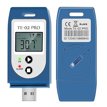 ThermElc TE-02 Pro Blue Temperature Data Logger Auto PDF/CSV Report, Compare Multi-Devices Data, Monitor Fridge Freezer with Calibration Certificate-Temperature Recorder Compliant 21CFR part 11