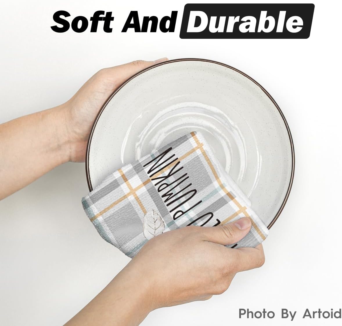 Artoid Mode Grey Watercolor Stripes Hello Pumpkin Fall Kitchen Towels Dish Towels, 18x26 Inch Seasonal Leaves Decoration Hand Towels Set of 4 - Image 5