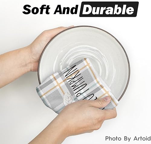 Miniatura 5 de Artoid Mode Juego de 4 toallas de cocina de otoño con diseño de rayas grises de acuarela de 18 x 26 pulgadas, diseño de hojas de temporada