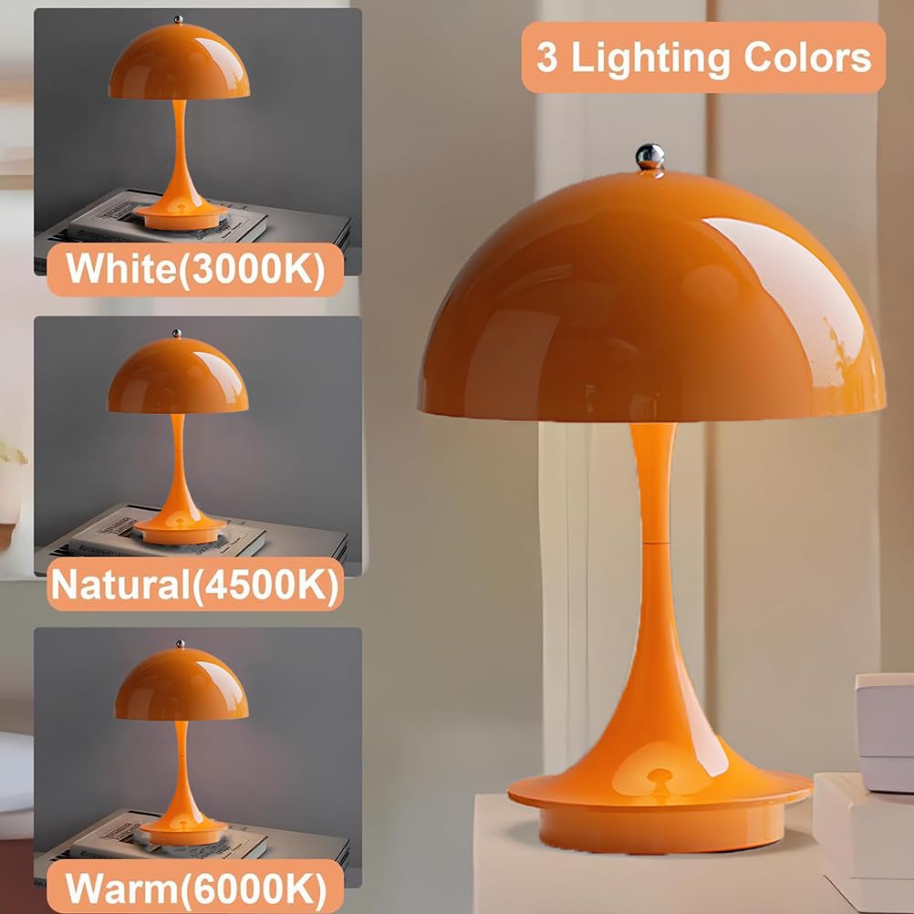 AoLa Lampada a Fungo Arancione LED Lampada da Tavolo Senza Fili Ricaricabile Lampada da Tavolo Dimmerabile 3 Temperature Colore Touch Lampada da Scrivania Arancione Moderna Portatile Luce Notturna