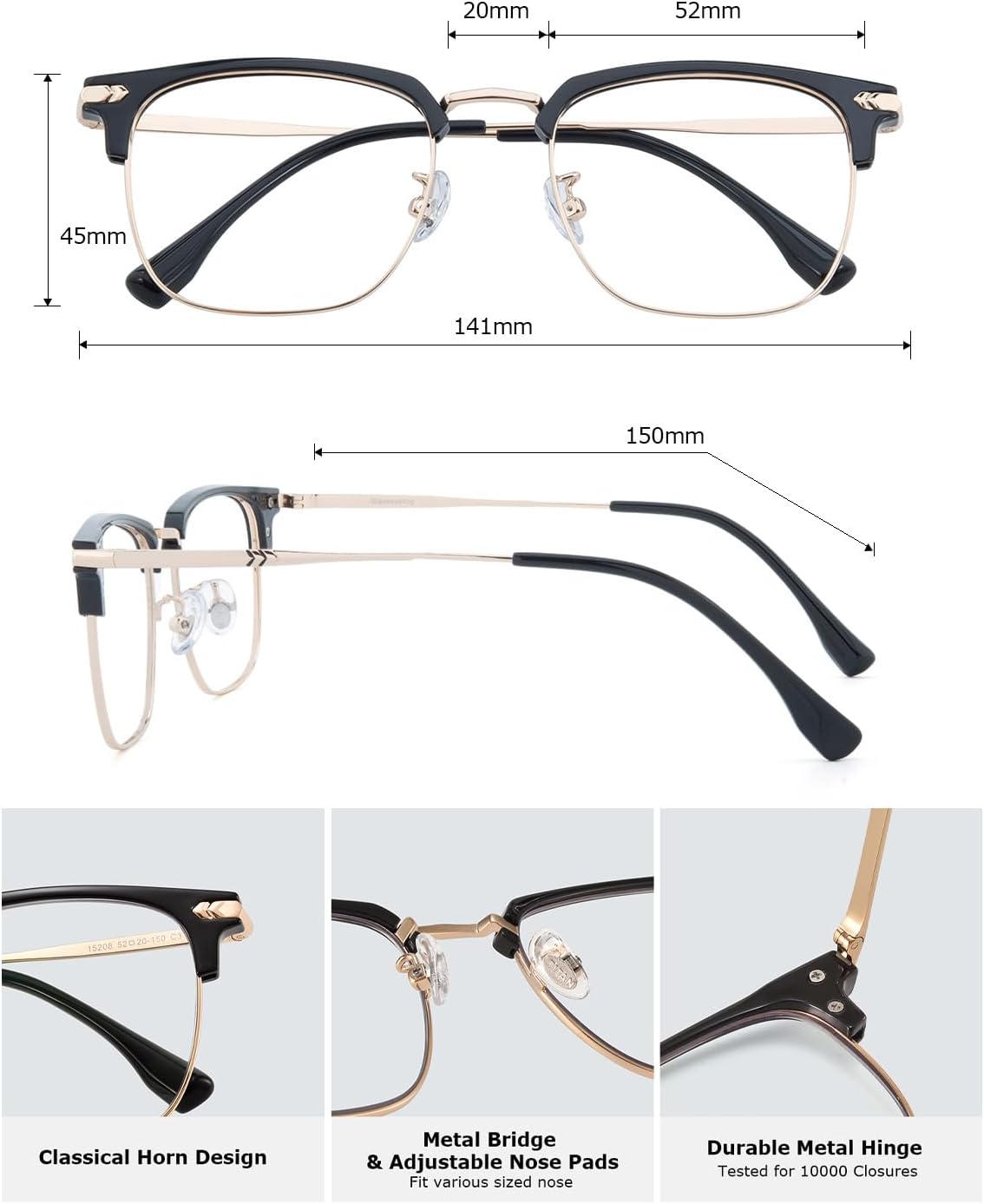 Blue Blocker Glasses for Men Metal Browline Computer Gaming Glasses Filter Blue Ray (Gold Metal/Black TR90 Eyeglasses) - Image 6